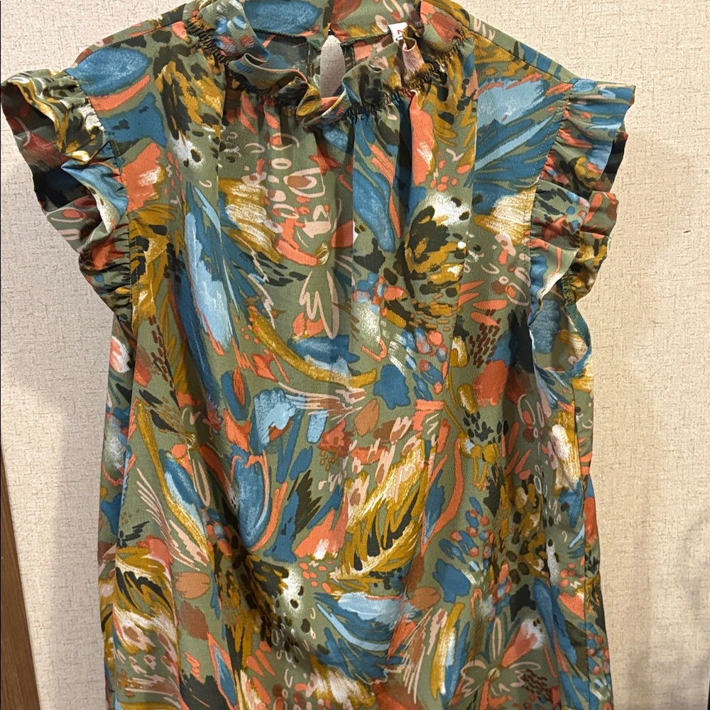 Colorful Floral Ruffle Sleeve Blouse